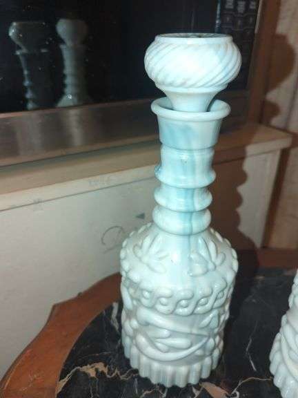 White and Blue Slag Glass Marbled Decanter
