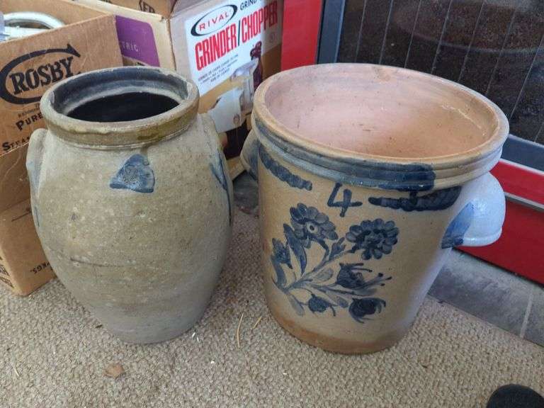 Pair of Cobalt Decorated Salt Glazed Stoneware Crocks