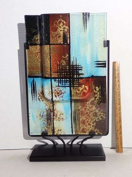 Jasmine Art Glass Multicolored Abstract Brutalist Vase w/Metal Stand 13.5" T x 8" W - Excellent cond