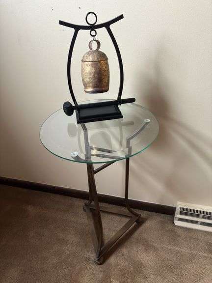 End table with Asian bell on stand