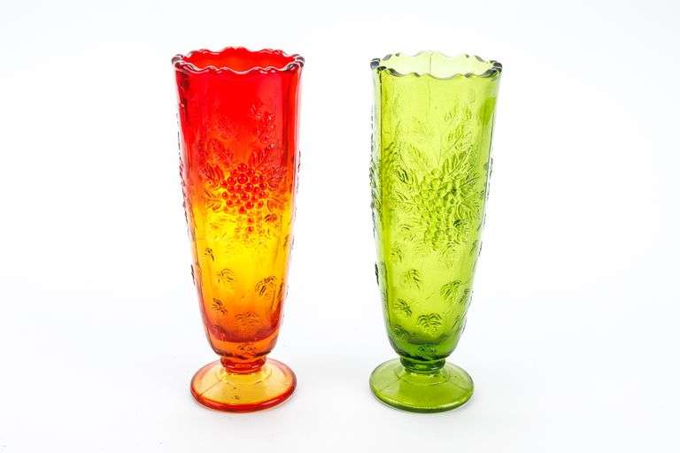 Vintage Amberina and Green Matching Vases
