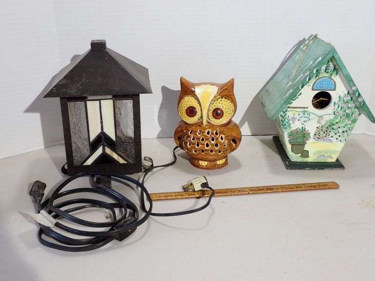 Frank Lloyd Wright inspired Stained Glass Lamp - 70s Ceramic Owl Lamp - Hand Painted Bird House