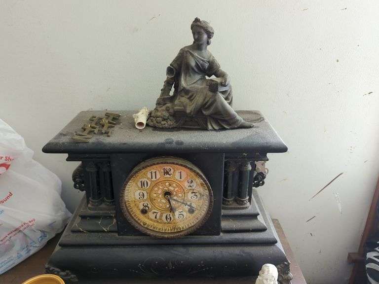 Antique Ansonia Belgium Cast Iron Enamel Mantel Clock