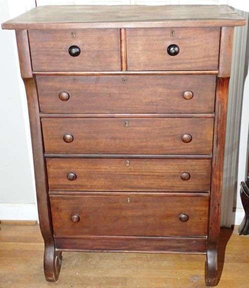 Anitque Mahogany Empire 5 Drawer Tall Chest of Drawers Dresser