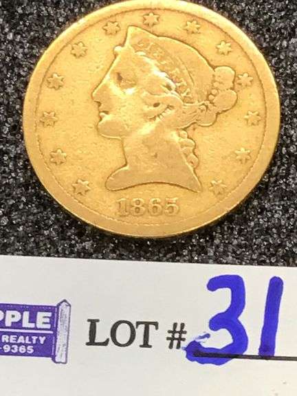1865-S $5 dollar GOLD LIBERTY, good, SCARCE COIN!