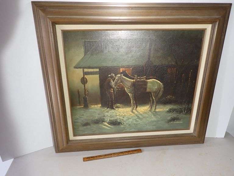 Framed Original Western Art on canvas signed J. Stanford (John Stanford?)  See close up photos