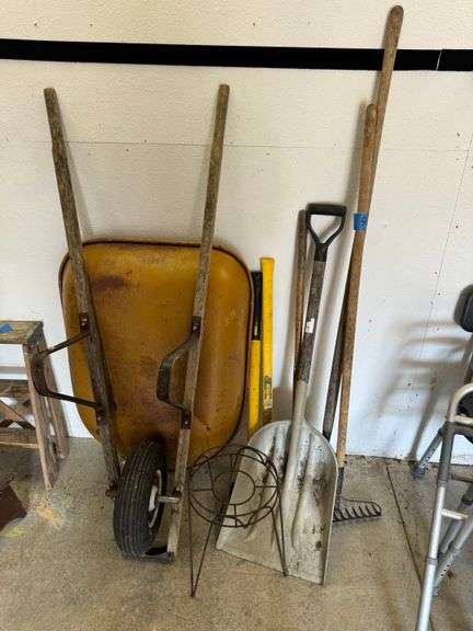 hand tools and wheel barrow
