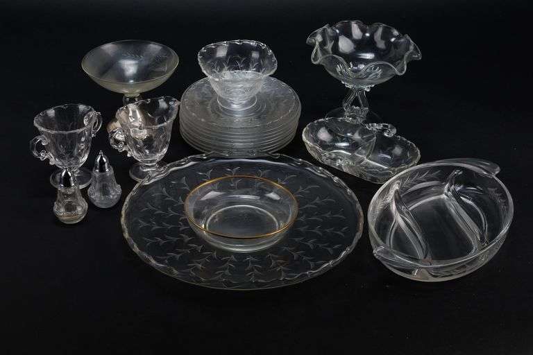 Large Collection of Clear Etched Vintage Glass