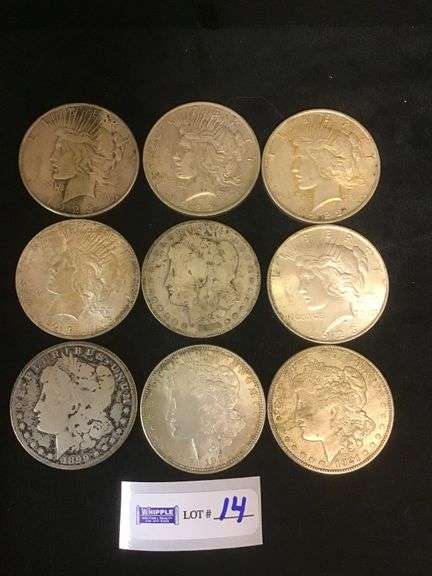 9-silver dollars, 4-Morgans, 5-Peace, various grades, see photos