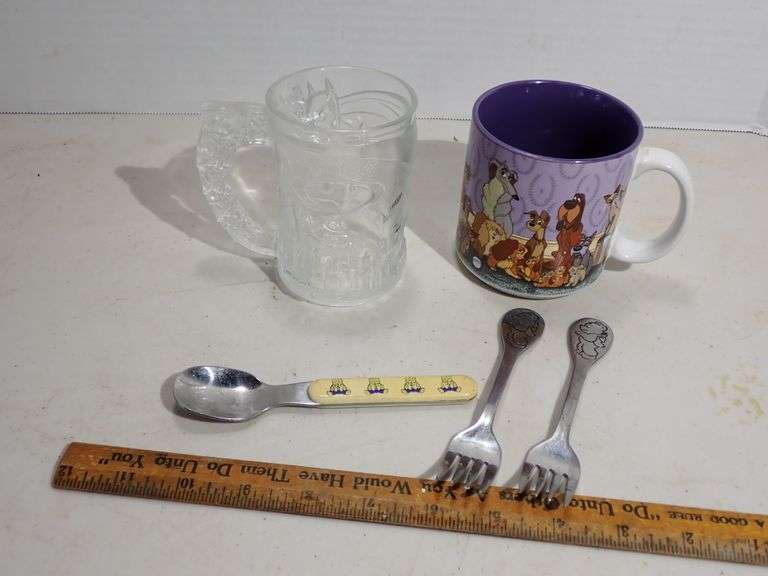 Vtg Children's Pooh Bear Silverware - Batman Glass mug - Disney Lady and the Tramp Ceramic Mug