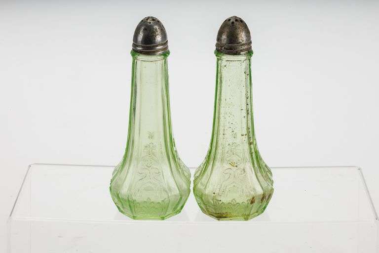Antique Uranium Glass Salt and Pepper Shakers- Tall!