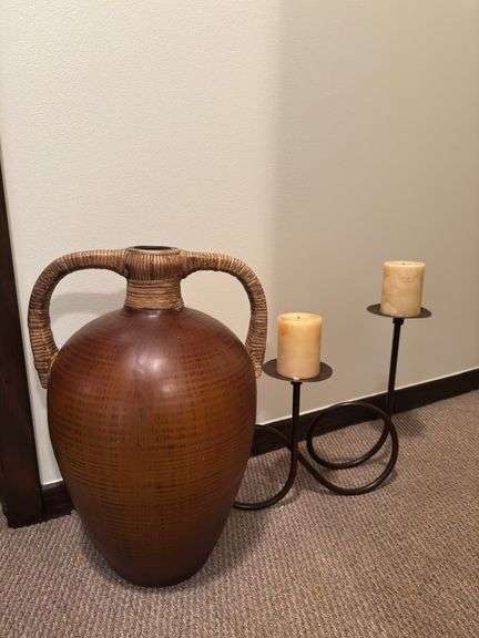 Large urn, metal candlesticks