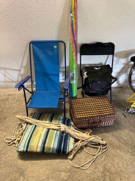 Beach chairs, hammock, picnic basket and beach umbrella