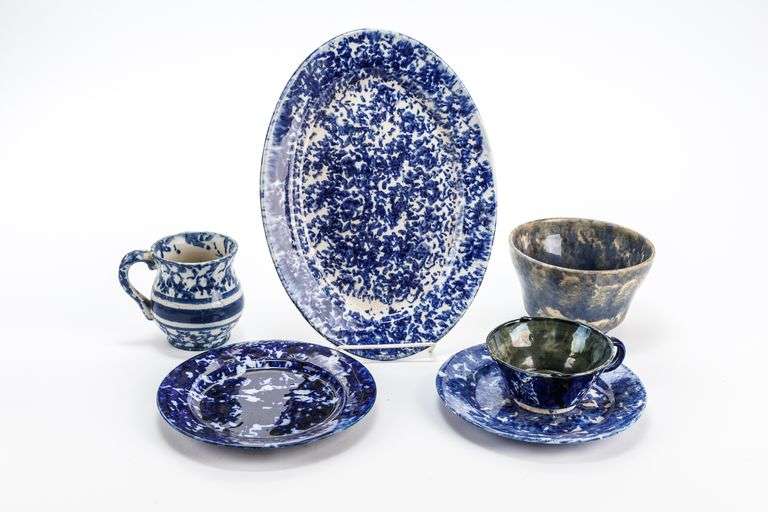 Collection of Blue Spongeware Ceramic Dishes