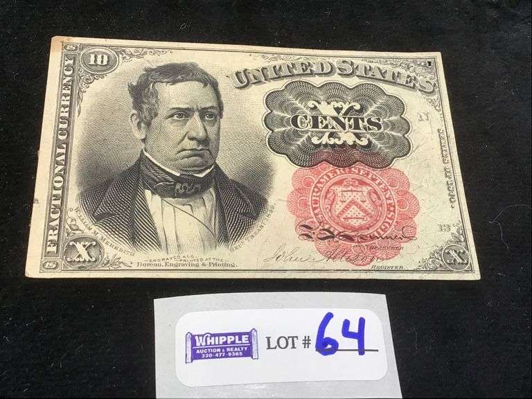 1874 ten cent fractional currency, (VF- with pinhole)