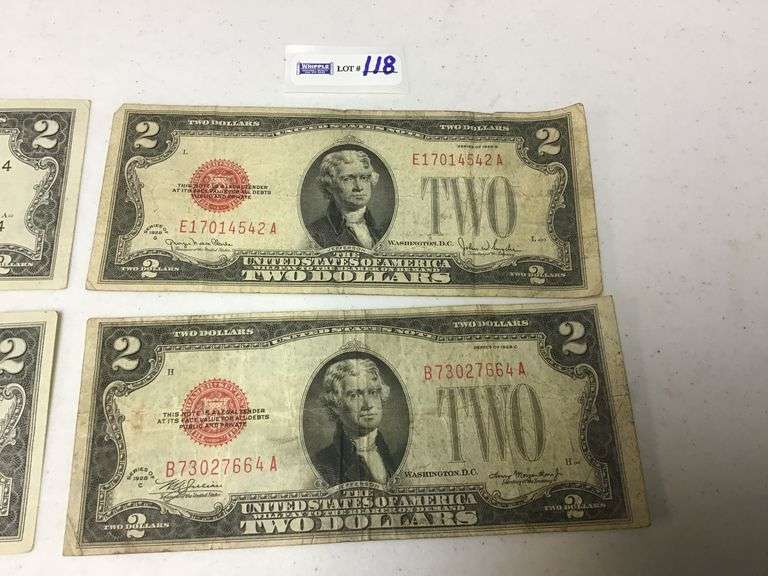 six US two dollar notes, (two 1928-G and one is a star note), circulated