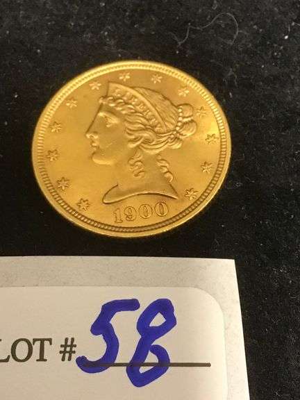 1900 $5 GOLD LIBERTY, AU-UNC, VERY NICE COIN!