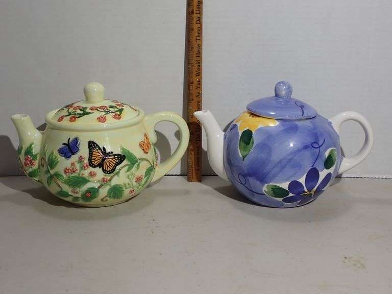 Harry and David Limited Edition Butterfly Teapot & Indigo Portugal Hand Painted Teapot