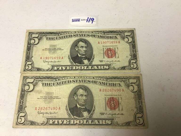 Two US NOTE, five dollar notes, circ.