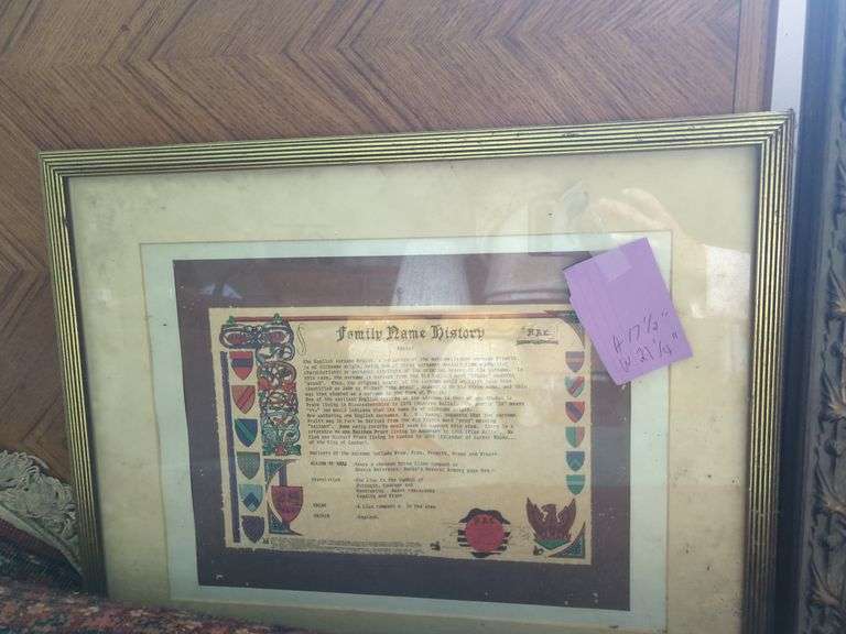Framed Family Name History Document