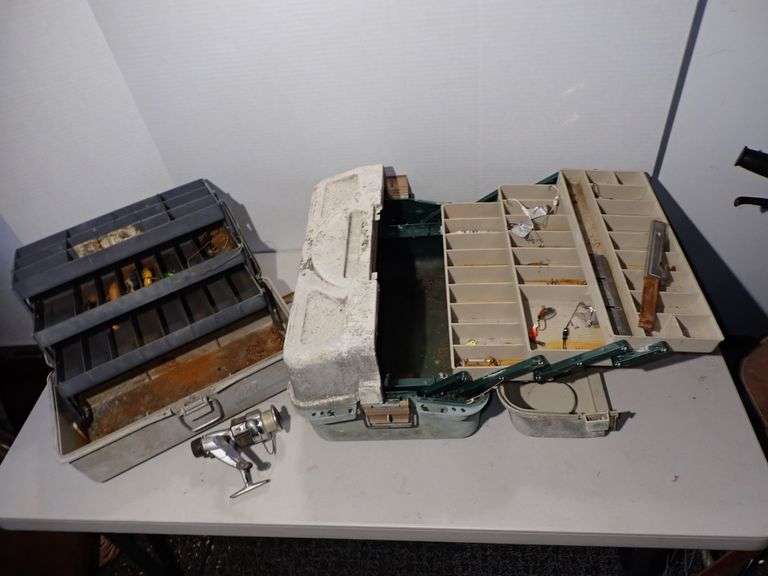 TWO old Fishing Tackle Boxes with Old Lures Quantum Reel & Buck Knife Sharpener