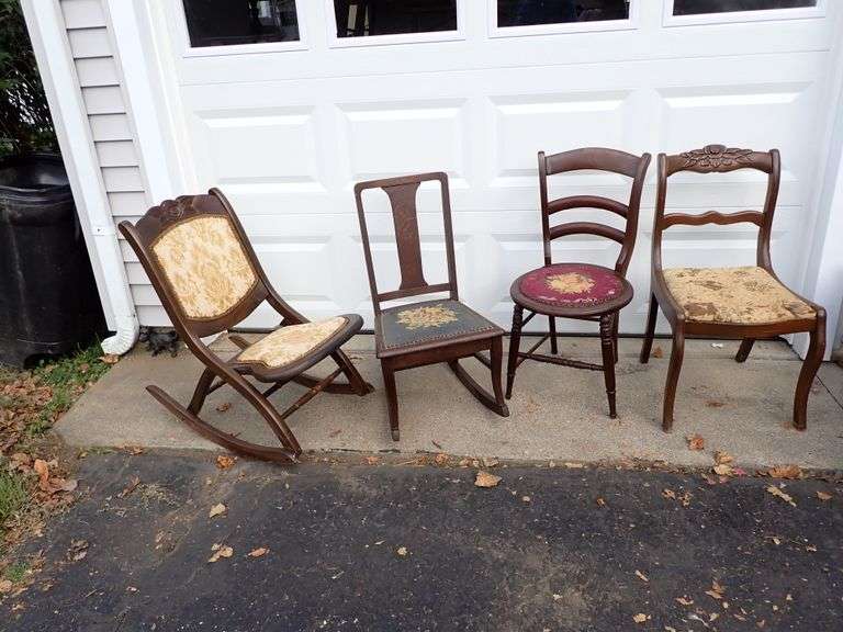 ANTIQUES - FOLDING ROCKER - TIGERWOOD ROCKER & TWO CHAIRS