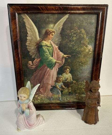 Antique Guardian Angel Watching Over Victorian Children & Angel Figurines