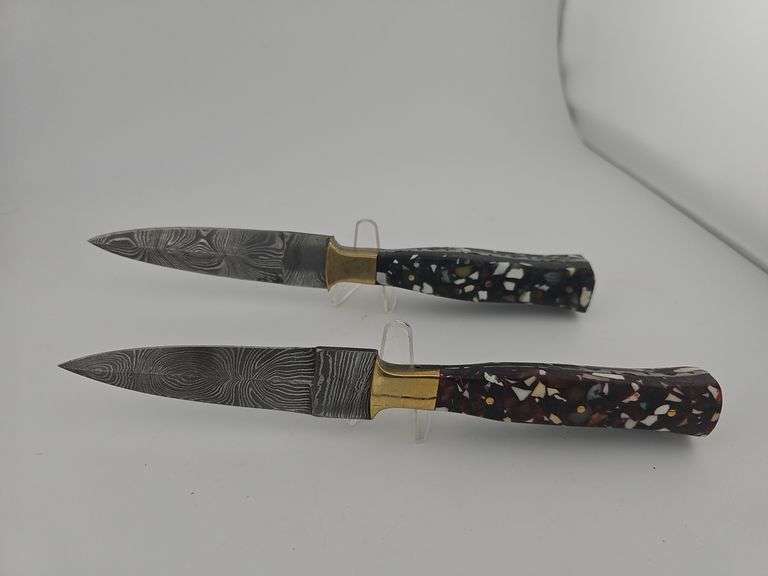 Pair of Damascus Daggers w/ Leather Sheaths