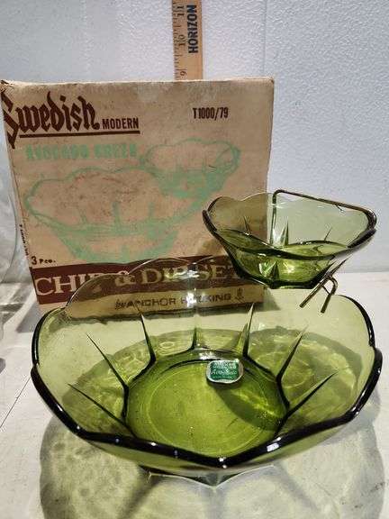 Anchor Hocking Swedish Modern Avocado Green Chip And Dip Set In Original Box