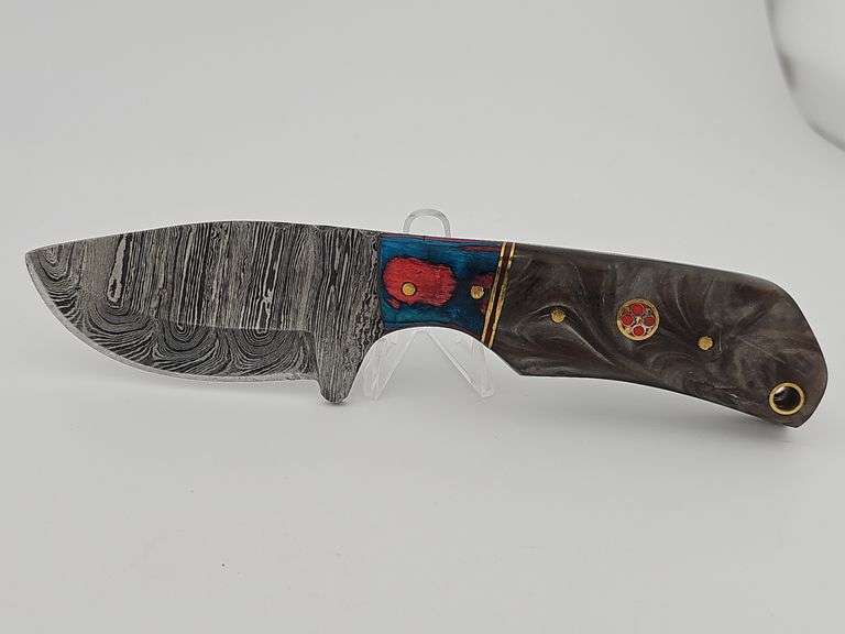Short Damascus Knife w/ Leather Sheath