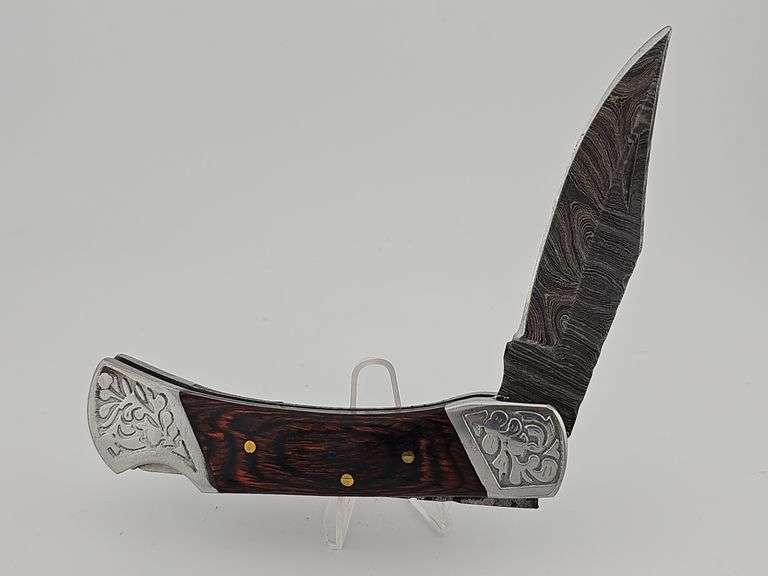 Damascus Pocket Knife w/ Leather Pouch