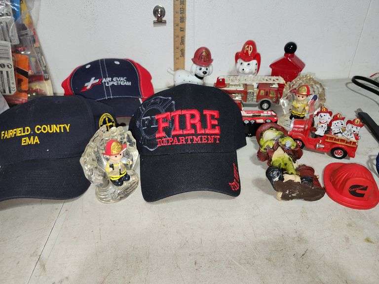 Fire Department Hats, Figurines, & 2 Trucks