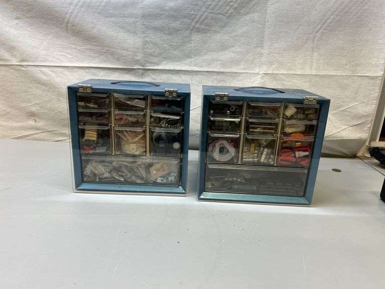 Two Multi-Drawer Metal Storage Cabinets with Assorted Hardware