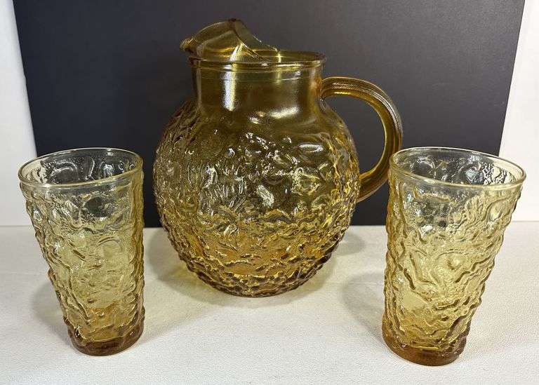 Anchor Hocking Glass Lido Amber Lemonade Ball Ice Lip Pitcher & Tumblers
