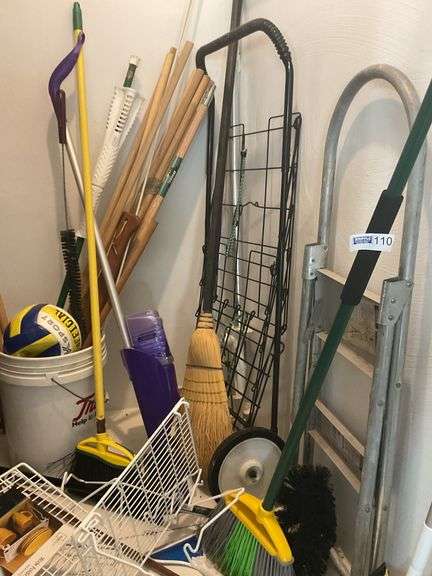 Contents Of Closet In Garage, Folding Chairs, Tarp, Bat & Brooms