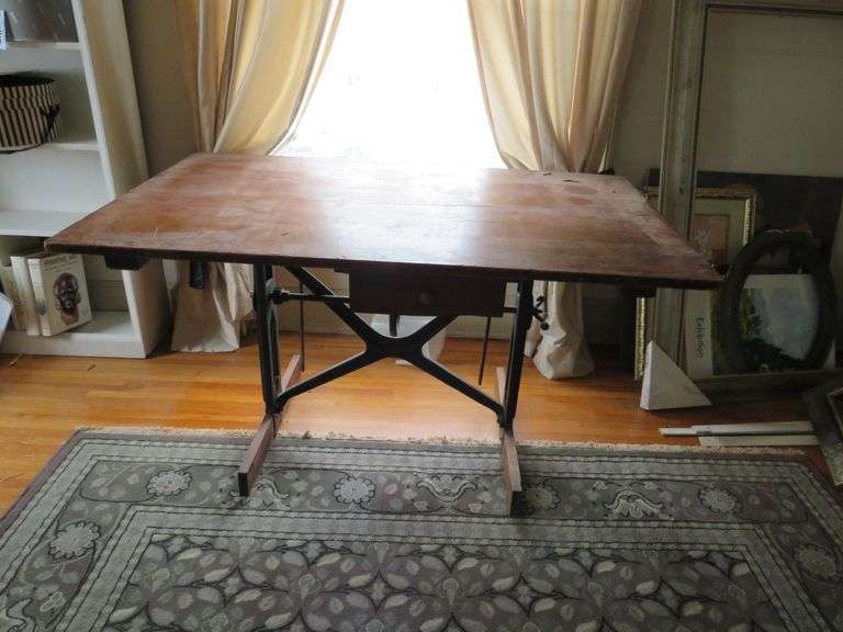 Vintage Wooden Drafting Table with Metal Base