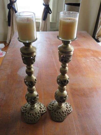 Pair of Ornate Brass Candle Holders with Glass Inserts