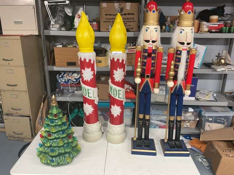 Lighted Outdoor Candles, Nutcrackers & Ceramic Christmas Tree