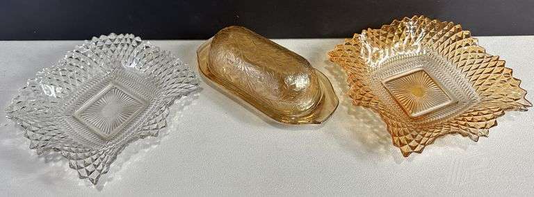 Carnival Glass Depression Jeanette Butter Dish & Indiana Dish Lot