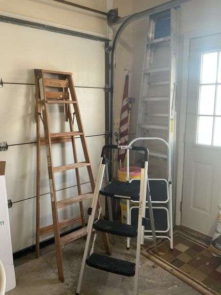 6'& 8' Step Ladder, 2 Step Stools & Misc. In Corner