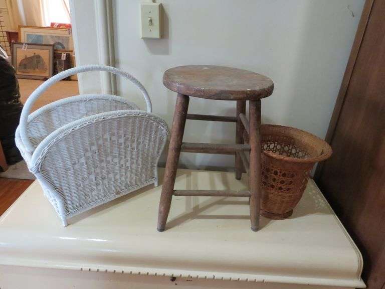 Rustic Wooden Stool with Basket and Magazine Holder Set - Auction Ohio