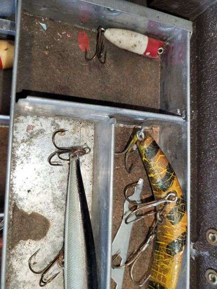 Fishing Lures and Antique Metal Piano Carrying Case. Nice group of Lures included in this lot