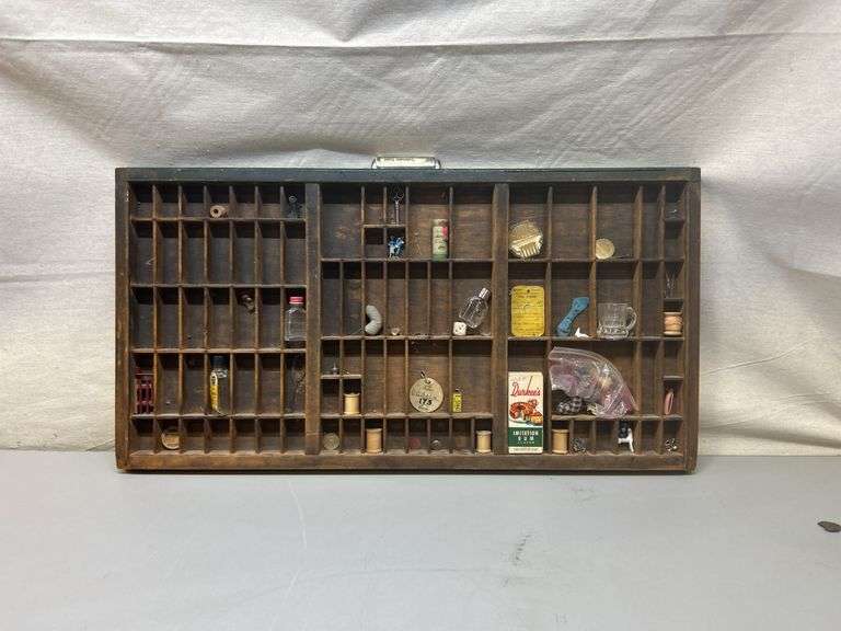 Vintage Printer's Drawer with Assorted Miniatures