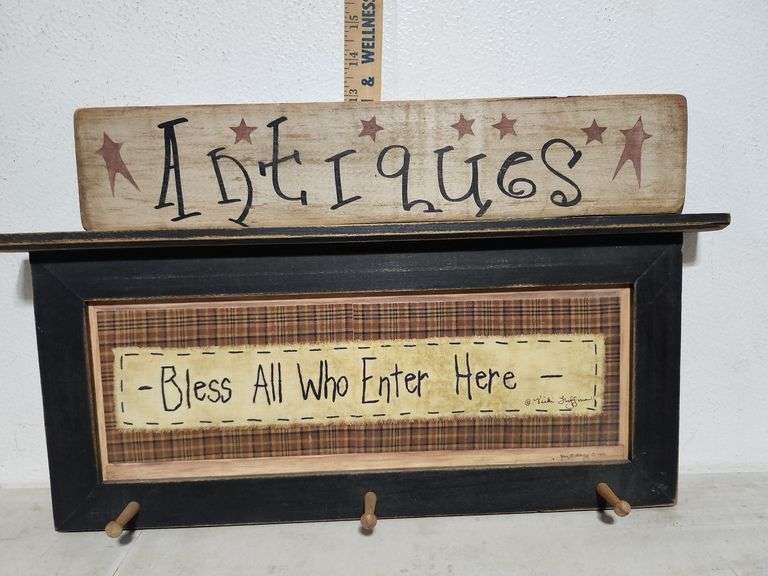 Wooden Folk Art Bless All Who Enter Here 1999 Wall Shelf And Wood Antiques Plaque