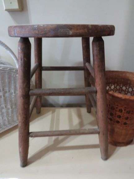 Rustic Wooden Stool with Basket and Magazine Holder Set - Auction Ohio