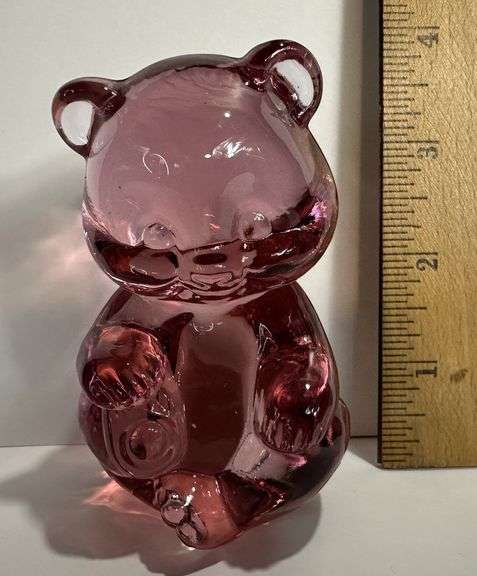 Vintage Cranberry Pink Glass Fenton Bear Holding Foot Figurine