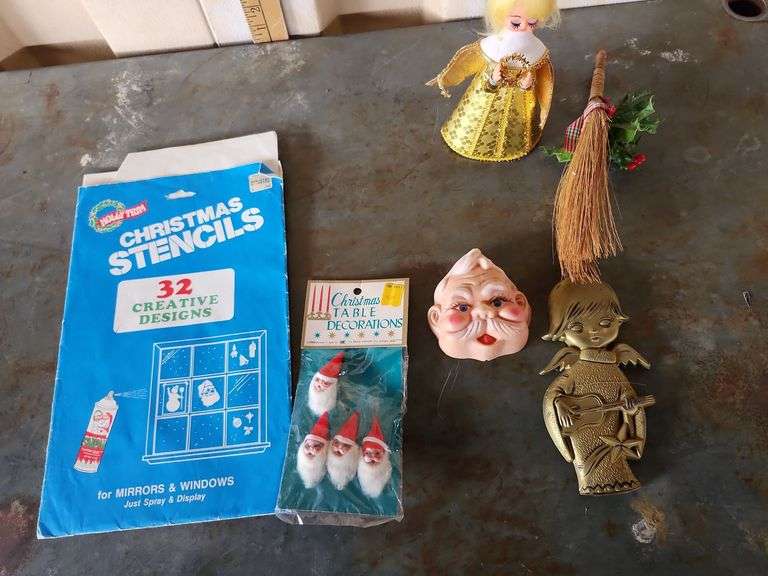 Vintage Christmas Window Stencils, Tree Top Angel 8'', Santa Head Table Decor, Plastic Santa Face 4'