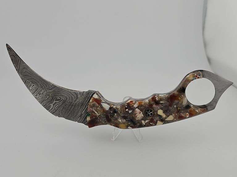 Damascus Karambit Full Tang Knife w/ Leather Sheath