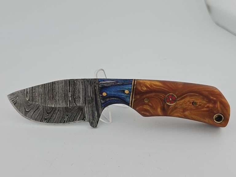 Short Damascus Knife w/ Leather Sheath