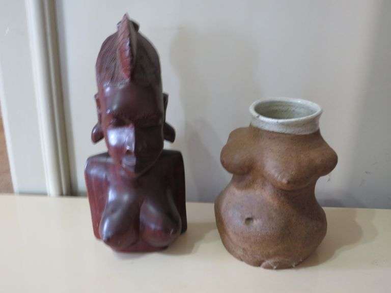 Handcrafted Wooden Bust and Artistic Ceramic Vase